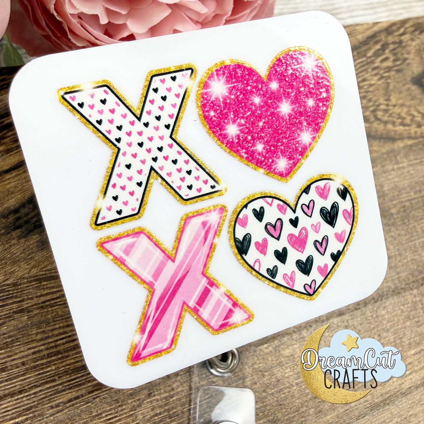 XOXO Badge Reel Top UV Printed on White Acrylic 3mm, Valentine Love Theme