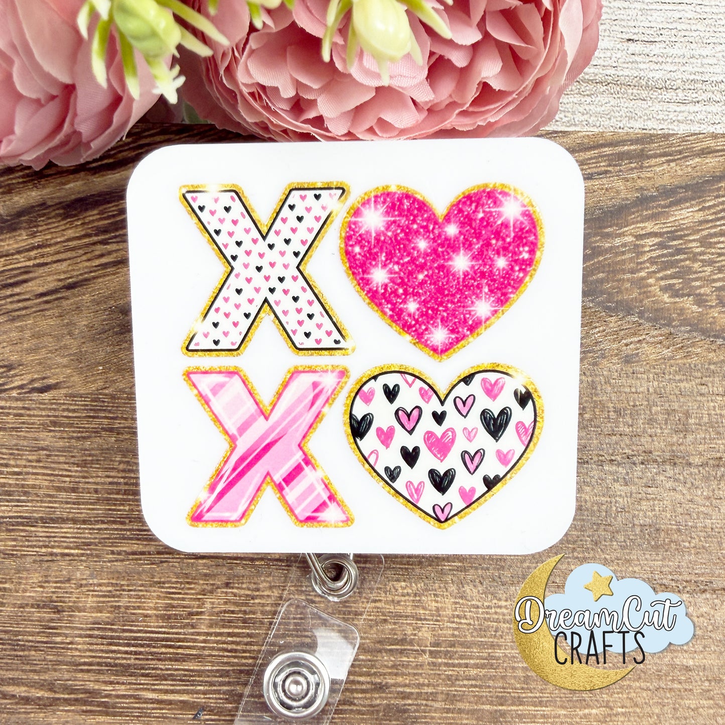 XOXO Badge Reel Top UV Printed on White Acrylic 3mm, Valentine Love Theme