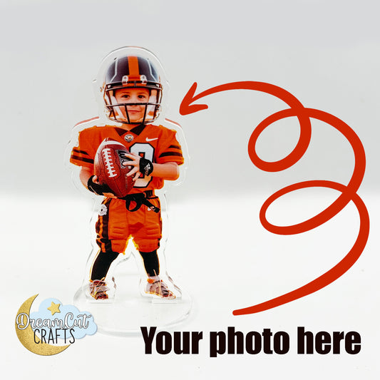 Custom acrylic photo figurine UV printed on clear plexiglass, outline cutout standee shown with flat stand base and removable cake topper base, personalized gift
